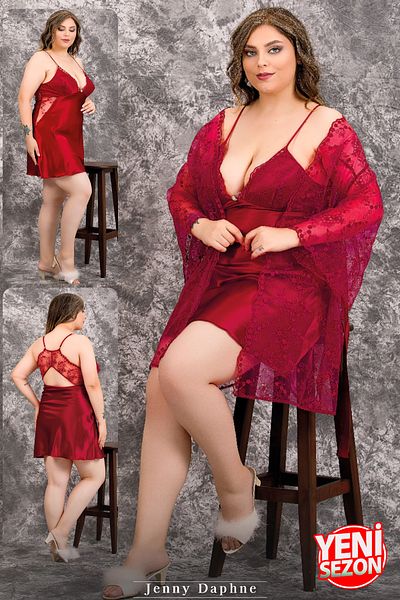 Jenny Daphne Red Lace Satin Nightgown and Dressing Gown Set - 2 Pieces 16135