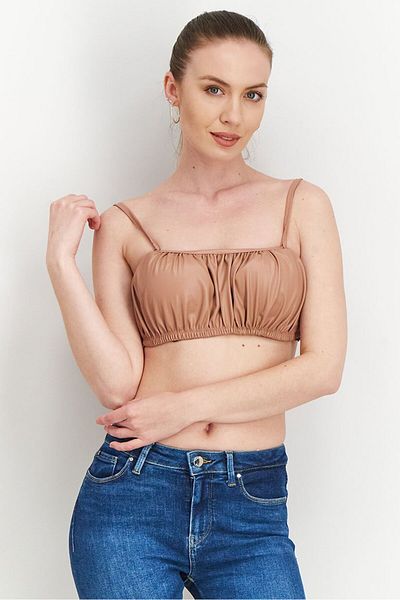 Asos Design Women Square Neck Sleeveless Ruched Crop Top, Brown