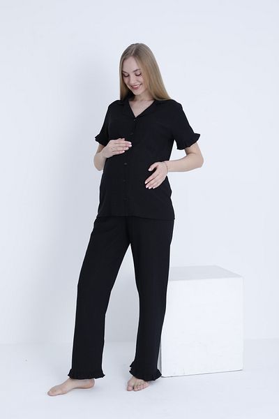 Miss Dünya Lissa Front Button Shirt Collar Adjustable Waist Elastic Woven Maternity and Maternity Pajamas Set