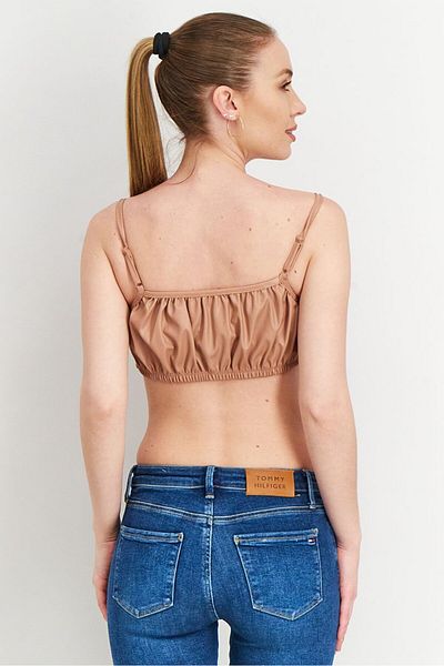 Asos Design Women Square Neck Sleeveless Ruched Crop Top, Brown