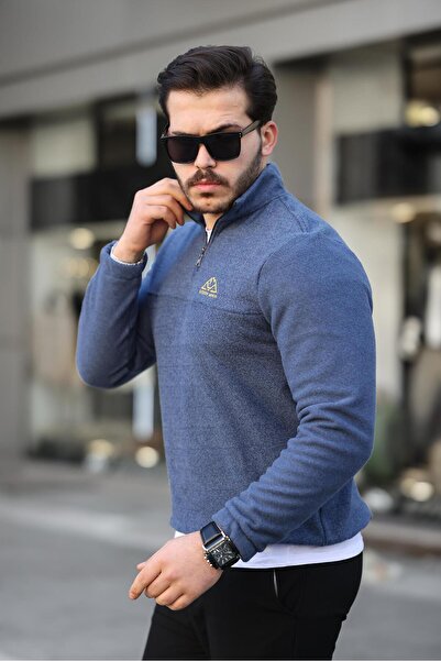 Miron Mavi Unisex Nakışlı Dik Yaka Yarım Fermuarlı polar Sweatshirt- 2321