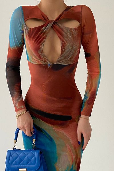 bayansepeti Lined Tie-Dye Pattern Tulle Fabric Bust Low-Cut Detail Midi Evening Dress 322