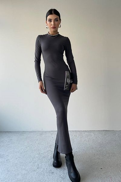 barış sülün lovebox Women's Stretchy Sandy Fabric Long Sleeve Midi Smoked Basic Dress 323