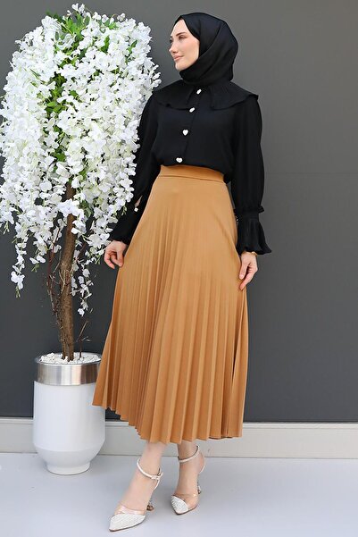 GİZ AGİYİM Ανοιχτό καφέ πλισέ φούστα