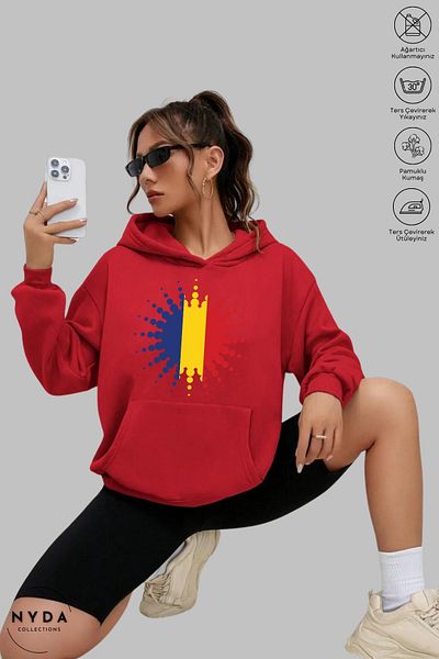 Nyda Collections Унисекс суитшърт с дълъг ръкав и качулка с щампа Румъния, релефно изпъкнало, голям размер, памучен суитшърт