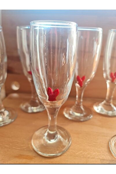 dugacam atölyesi Kahve Yanı Su Bardağı 6'lı Set Murano Cam Figürlü Kırmızı Kalp