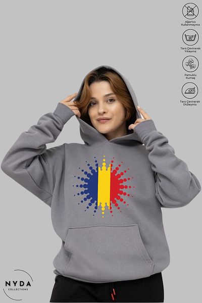 Nyda Collections Unisex μακρυμάνικο φούτερ με κουκούλα Ρουμανίας με στάμπα με κουκούλα Oversize βαμβακερό φούτερ