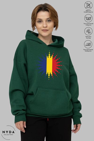Nyda Collections Unisex Hoodie Long Sleeve Romania Printed Hooded Raster Oversize Cotton Sweatshirt