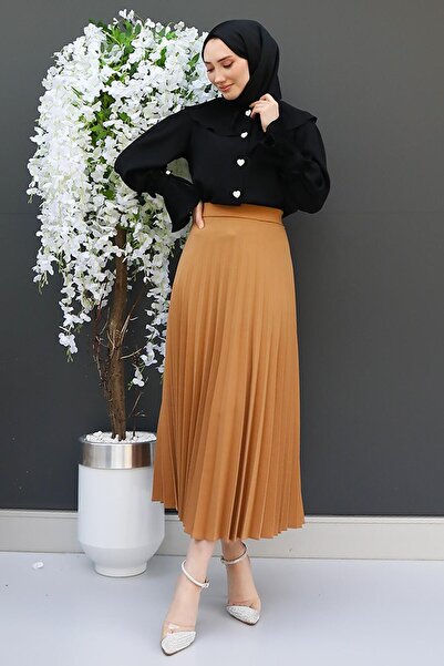 GİZ AGİYİM Ανοιχτό καφέ πλισέ φούστα