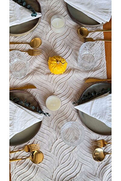 EVYA Elegan Beige Punch Embroidered Runner - 40X110 Cm, Washable Tableware and Kitchen Set