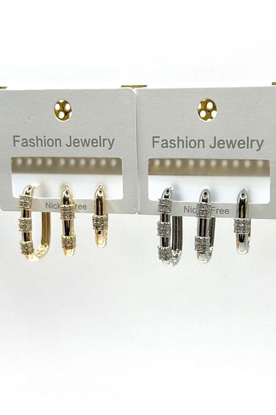DEMOKAN Women's Earrings Special Series 3 Row Size Ellipse Model Line Zircon Stone Tarnish Resistant Earrings