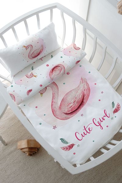Tuğba Kuğu Park Bed Duvet Cover Set (80X120) - for Baby Series - Swan with Pink Background