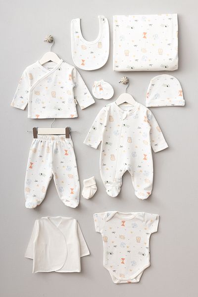 Bebitof 10 Piece Boxed Newborn Hospital Discharge Bodysuit Set with Cute Lion and Hedgehog Pattern