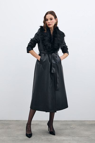 Sateen Palton lung din piele cu blană - NEGRU
