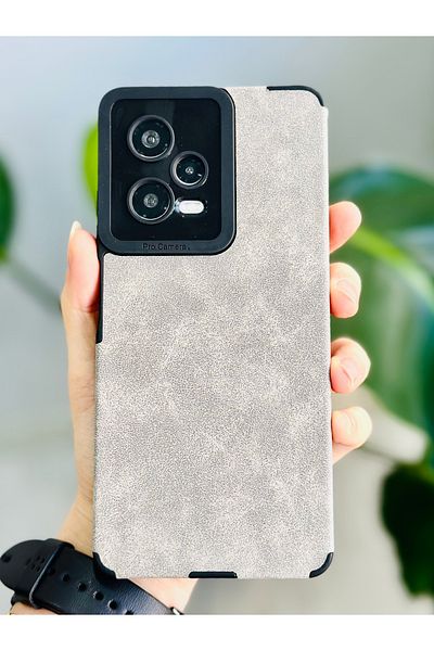 Go Aksesuar جراب سيليكون بتصميم ألكانتارا رمادي متوافق مع هاتف Redmi Note 12 Pro 5G