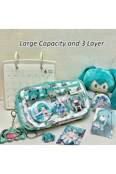 Choice Hatsune Miku Pencil Case Large Capacity 3 Layer Cartoon Pencil Pouch Cute Kids Student Pen Bag St...