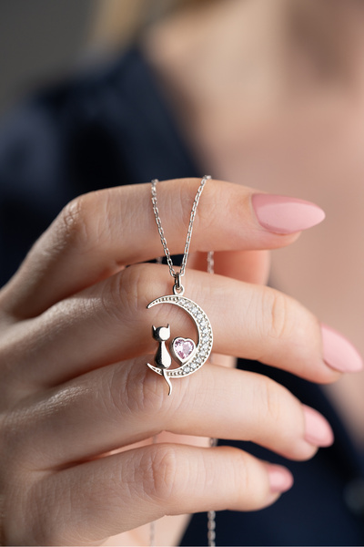 Silvano Jewelry 925 Ayar Gümüş Pembe Taşlı kedi Kolye