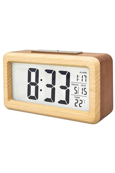 Choice Dark Wooden Alarm Clock With Calendar And Temperature Displayed. Solid Wood Digital Clock For Deskto