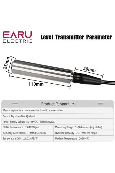 EARUELETRIC 1m Range 5m Cable 4-20ma Output Integral Level Transmitter Liquid Oil Water Level Sensor Probe Detec
