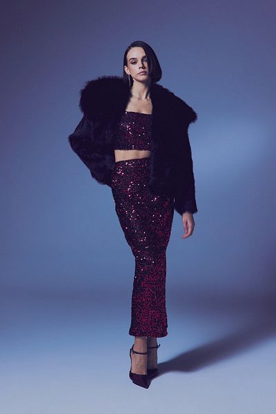 Sateen Fusta creion cu paiete burgundy
