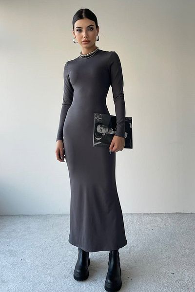 WOMAN VISION Γυναικείο βραδινό φόρεμα μίντι μακρυμάνικο ελαστικό καπνιστό αμμώδες ύφασμα 323