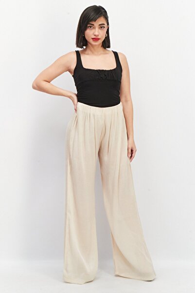 NA-KD Women Shinny Fit High Waist Wide Leg Pants, Beige