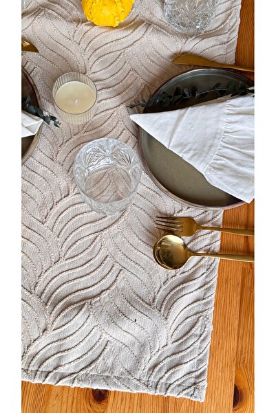 EVYA Elegan Beige Punch Embroidered Runner - 40X110 Cm, Washable Tableware and Kitchen Set