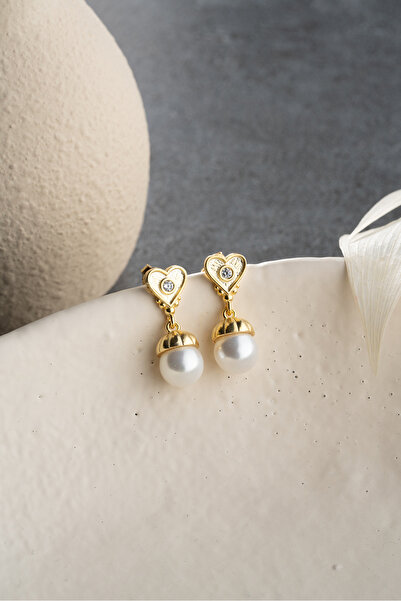 Silvano Jewelry 925 Ayar Gümüş incili Kalpli Gold Küpe