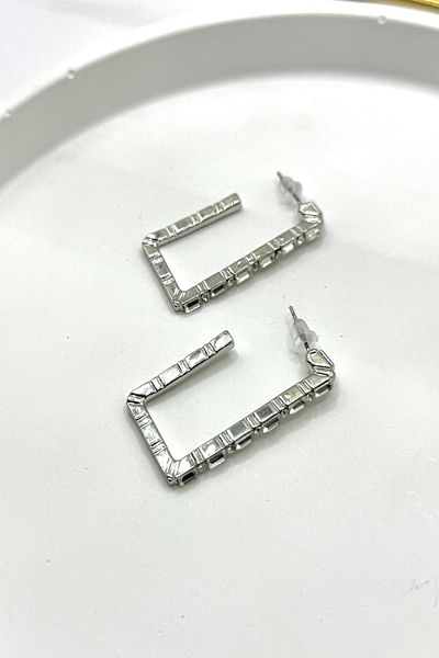 DEMOKAN Women's Earrings Cutout Rectangle Zircon Stone Line Pattern Hoop Earrings