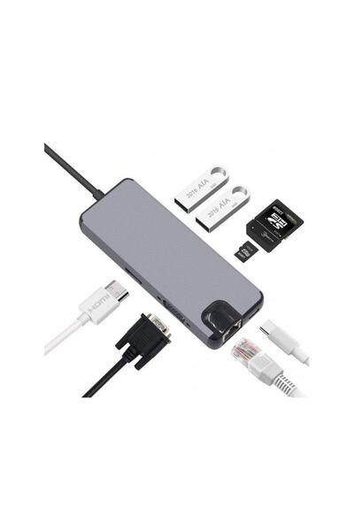 Fonemax 8in1 Pd Usb-c To Hdmı Vga Ethernet Sd Kart Usb 3.0 Type-c Hub