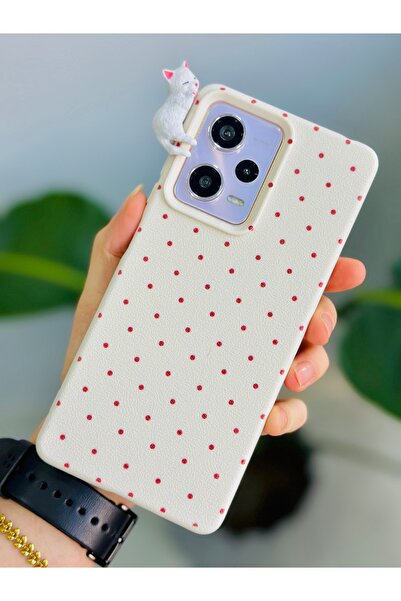 Go Aksesuar Redmi Note 12 Pro 5g Compatible Polka Dot Cat Design Silicone Case with Toy