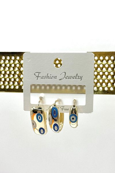 DEMOKAN Women's Earrings Special Series 3 Row Size Ellipse Enameled Evil Eye Bead Motif Non-Tarnish Earrings