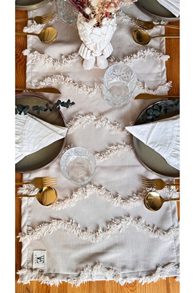 EVYA Beige Color Punch Embroidered Runner - 40X110 cm Washable, Table, Table, Living Room, Kitchen, American Service