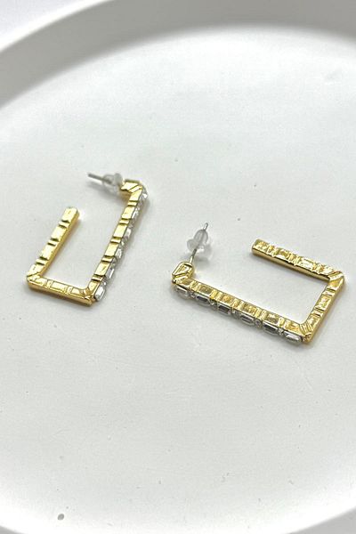 DEMOKAN Women's Earrings Cutout Rectangle Zircon Stone Line Pattern Hoop Earrings