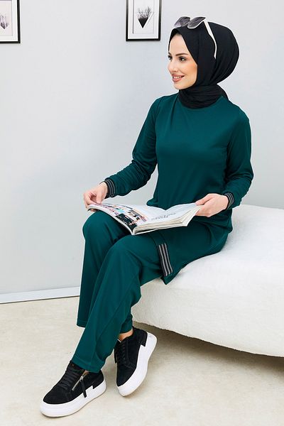 TOFİSA Straight Crew Neck Women's Green Tunic Pants - 11352