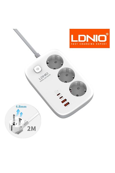 Choice شريط طاقة أبيض من Ldnio EU Plug بطول 2 متر وكابل تمديد شبكي USB 65 وات وشاحن سريع