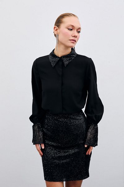 Sateen Sequin Detailed Shirt - Black