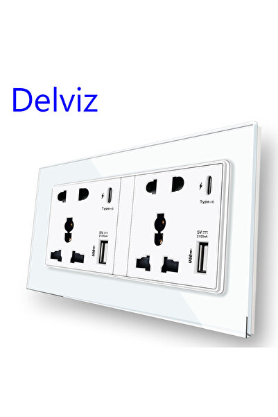 Choice مقبس حائط USB من ديلفز من النوع C أبيض 110-250 فولت، لوحة زجاجية كريستالية، منفذ طاقة USB 2 أمبير، عالمي مزدوج