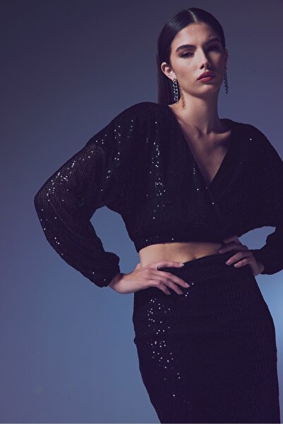 Sateen Payetli Kruvaze Bluz - SİYAH