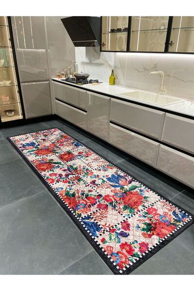 Brillant Bej Siyah Çiçekli Damalı Mutfak Halısı