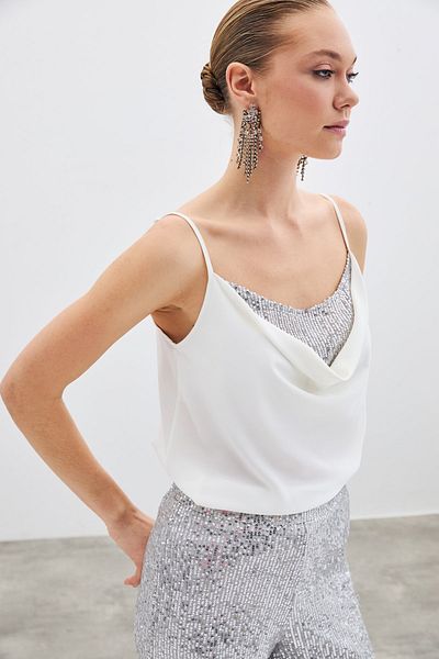 Sateen Plunging Neck Blouse - Ecru