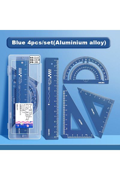 Deli Blue 4in 1 Metal Ruler Stationery Set Aluminum Alloy Multifunctional Combination Ruler Triangle