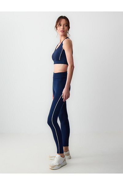 Jimmy Key Navy Blue Slim Fit High Waist Stripe Detailed Knitted Leggings
