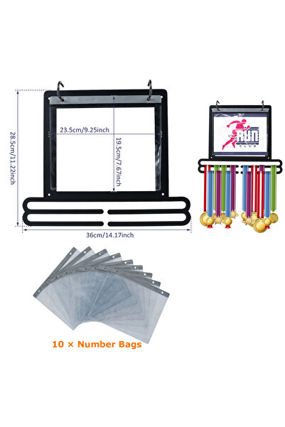 Choice حامل ميداليات أسود على الحائط لعرض الميداليات مع أكياس أرقام وخطافات