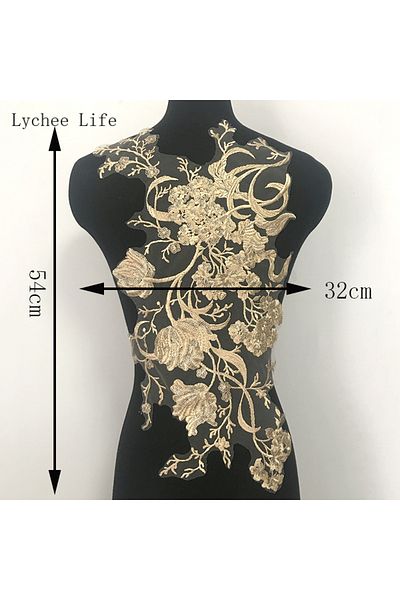 Choice 54cmx32cm 701280 54cmx32cm Golden Embroidery Lace Patches Applique Fabric Dress Clothes Patch Stick