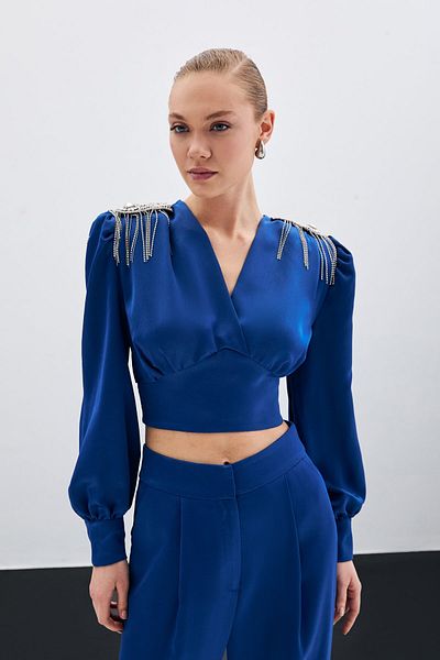 Sateen Short Blouse with Shoulder Accessory - Indigo