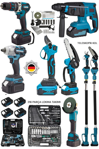 SCHUTZENGER 216 Parça Lokma Seti-Teleskopik-Budama Makası-Şarjlı Testere-Hilt...