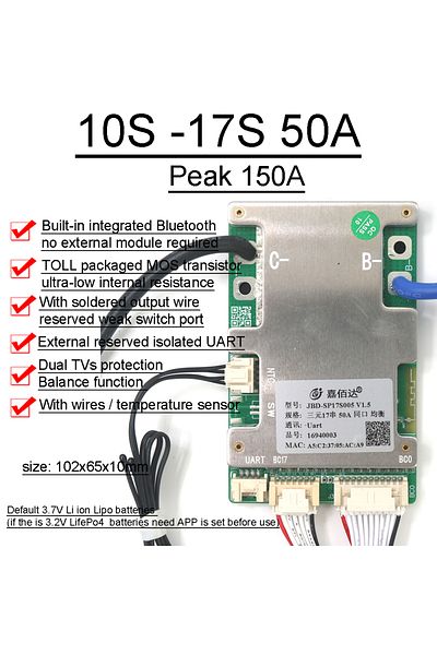 Choice 10s-17s 50a 150apeak Jbd 10s To 17s Bluetooth Smart Bms 14s 13s Lithium Battery Protection Board Bal
