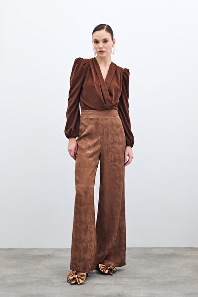 Sateen Jakarlı Salaş Pantolon - Kahve