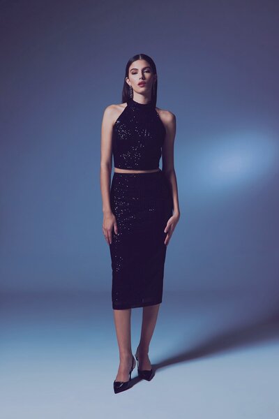 Sateen Payet Detaylı Kalem Etek - Siyah